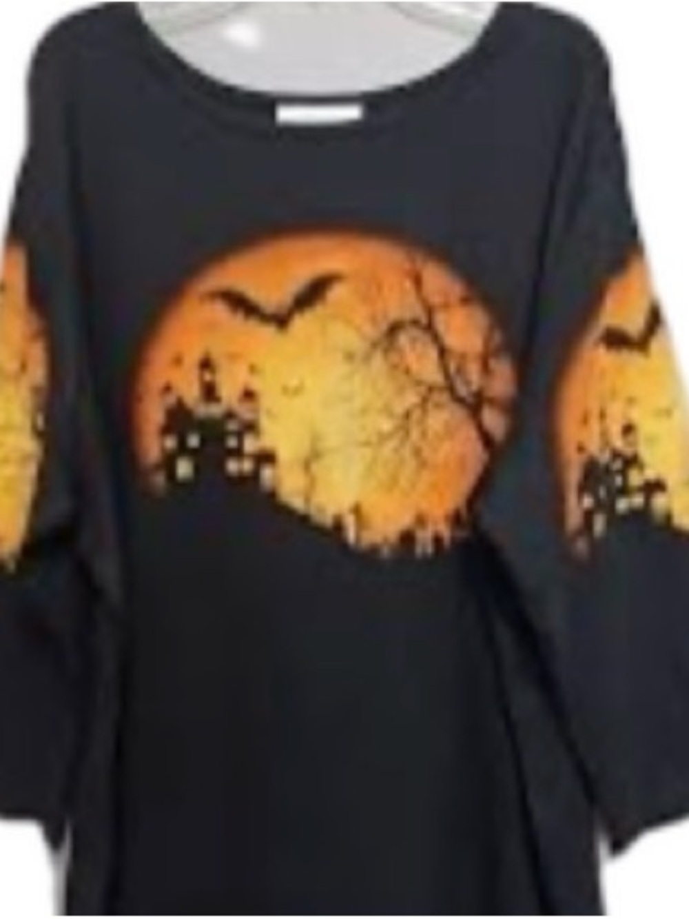 Women's Black Halloween Graphic Pullover Sweatshirt with Orange Sunset Print